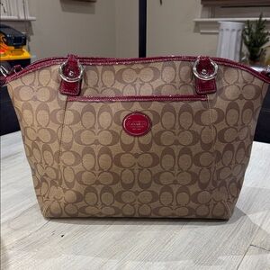 Coach Tan and Red Signature Patent Tote Bag